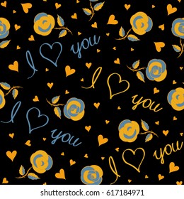 Sketch on a black background. Vector seamless love text, heart and letter pattern in yellow and blue colors, spring summer time, gentle romantic Valentine day background allover print design.