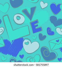 Sketch on a blue background. Vector seamless love text, heart and letter pattern, spring summer time, gentle romantic Valentine day background allover print design.
