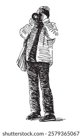 Sketch of on citizen photographing on camera, vector realistic hand drawing 