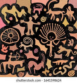 Sketch on the ethnic theme. A series of petroglyphs, rock paintings of Central Asia, vector design. 