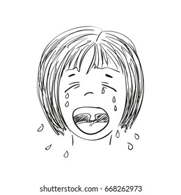 Sketch On Japanese Cartoon Style Crying Girl With Open Big Mouth And With Dripping Tears, Hand Drawn Illustration