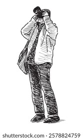 Sketch of on man photographing on camera, vector realistic hand drawing 