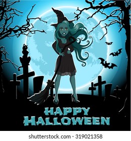 Sketch on the theme of Halloween with the image of a young witch on background of moon in night forest. The abandoned cemetery at night. Background for poster, invitation or other cards.