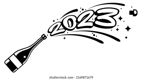 boceto sobre el tema del año nuevo, Navidad. el número 2023 con una muestra de champán. dibujo lineal blanco y negro. ilustración vectorial de stock. EPS 10.