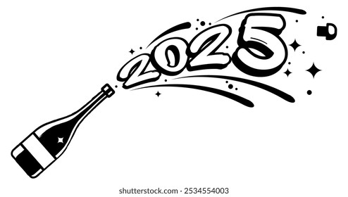 um esboço sobre o tema do ano novo, Natal. Os números 2025 são salpicados com champanhe. desenho linear preto e branco. ilustração vetor de ações. EPS 10.