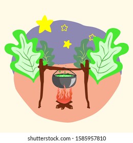 A sketch on the topic: bonfire cooking a magic potion in the forest. Orange fire, gray big cauldron, green potion, trees, blue sky, yellow stars.