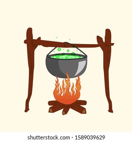 A sketch on the topic: cooking a magic potion in the forest. Orange fire, bonfire, gray large cauldron, green potion, boiling water, bubbles.