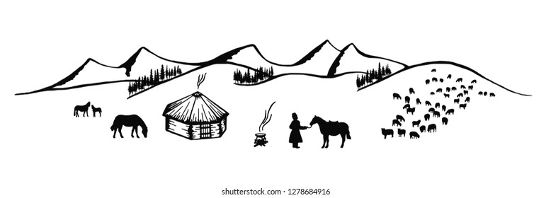 Sketch on the topic of life in Altai, vector illustration