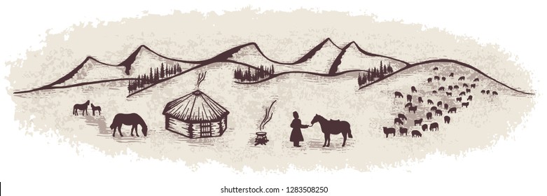 Sketch on the topic of life in Altai, cattle breeding and traditional nature use, vector illustration