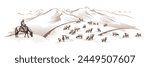 Sketch on the topic of life in Central Asia, a shepherd herding a flock of sheep against a mountain backdrop, vector illustration
