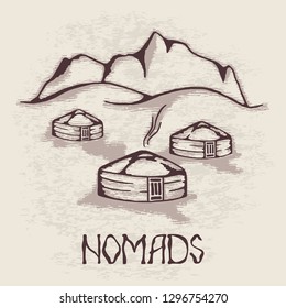 Sketch on the topic of life in Central Asia, nomads life, yurts in the mountains, yurts in vector