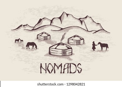 Sketch on the topic of life in Central Asia, nomads life, yurts in the mountains, yurts in vector