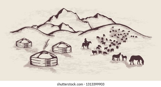 Sketch on the topic of life in Central Asia. Nomads life, yurts in the mountains, cattle graze.