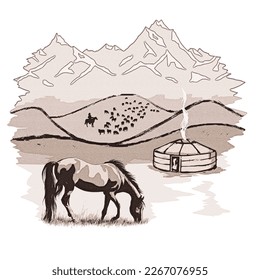 Sketch on the topic of life in Central Asia, grazing horse and yurt, vector illustration