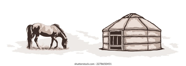 Sketch on the topic of life in Central Asia, grazing horse and yurt, vector illustration