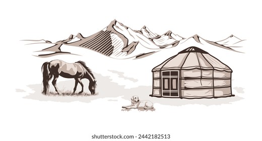 Sketch on the topic of life in Central Asia, grazing horse and yurt, vector illustration