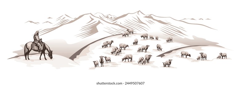 Sketch on the topic of life in Central Asia, a shepherd herding a flock of sheep against a mountain backdrop, vector illustration