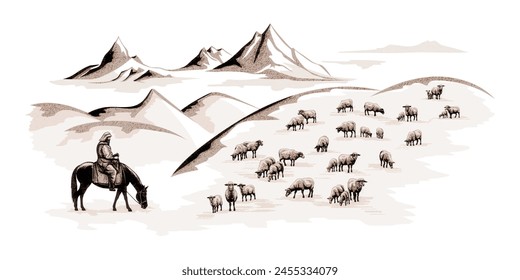 Sketch on the topic of life in Central Asia, a shepherd herding a flock of sheep against a mountain backdrop, vector illustration