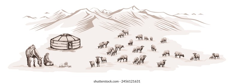 Sketch on the topic of life in Central Asia, nomads life, yurt in the mountains, flock of sheep, vector illustration