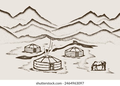 Sketch on the topic of life in Central Asia, grazing horse and yurts, vector illustration