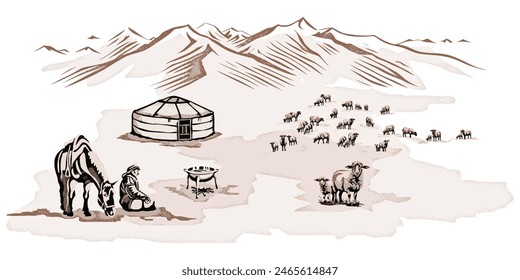 Sketch on the topic of life in Central Asia, nomads life, yurt in the mountains, flock of sheep, vector illustration