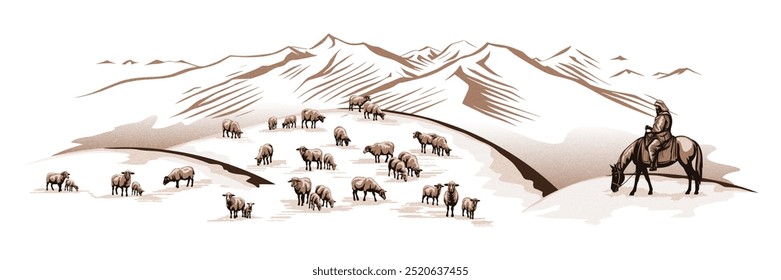 Sketch on the topic of life in Central Asia, a shepherd herding a flock of sheep against a mountain backdrop, vector illustration