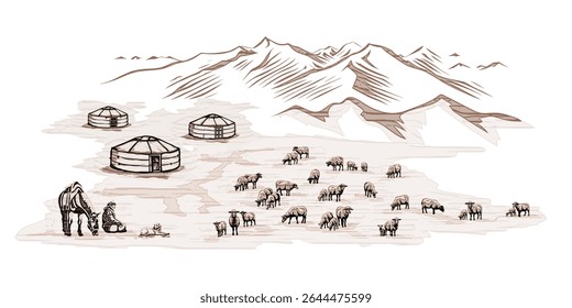 Sketch on the topic of life in Central Asia, nomads life, yurt in the mountains, flock of sheep, vector illustration