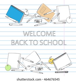 Sketch on Welcome Back to School. School office on the background of notebook sheet. Vector illustration.