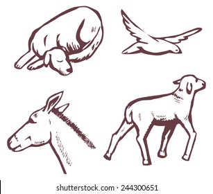 sketch on white background animals and birds