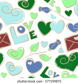 Sketch on a white background. Vector seamless love text, heart and letter pattern in green and red colors, spring summer time, gentle romantic Valentine day background allover print design.
