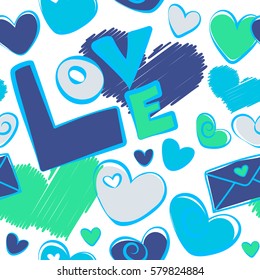 Sketch on a white background. Vector seamless love text, heart and letter pattern in violet, green and blue colors, spring summer time, gentle romantic Valentine day background allover print design.