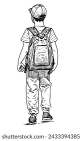 Sketch of one casual little boy in hat with backpack walking outdoors on summer day,black and white vector hand drawing isolated on white