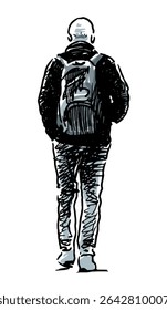 Sketch of one casual man pedestrian with backpack walking outdoors, back view, realistic hand drawn vector illustration isolated on white