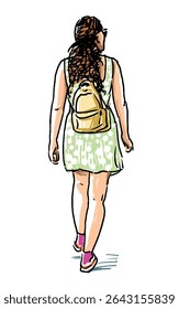 Sketch of one casual young city girl with backpack, in sunglasses, green dress walking outdoors on summer day, realistic hand drawn vector illustration isolated on white