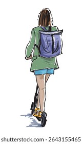 Sketch of one casual young urban girl riding scooter on summer day, realistic hand drawn vector illustration isolated on white