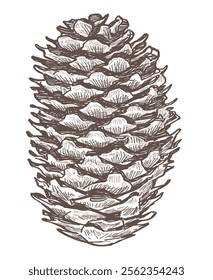 Sketch of one fir cone, realistic hand drawing, vector  illustration isolated on white