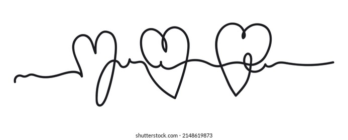 Sketch with one line of dark gray color with three hearts drawn by hand