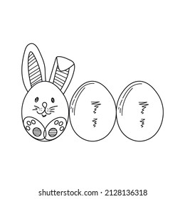 Esbozar un dibujo de una línea de huevos y un icono de conejo de Pascua en silueta sobre un fondo blanco. Linear estilizado.