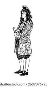 Sketch of one man in historical nobility costume 18th century standing outdoors, holding paper scroll, vector outline hand drawn realistic illustration