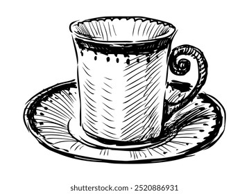 Sketch of one porcelain cup on saucer, hand drawn, vector illustration isolated on white