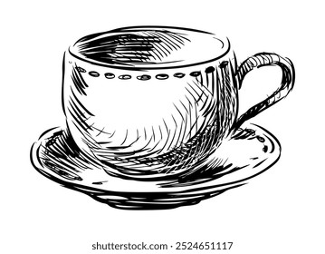 Sketch of one porcelain cup on saucer, hand drawn, vector, illustration isolated on white