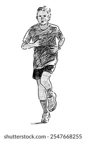 Sketch of one teen schoolboy on wellness jogging, realistic hand drawn vector