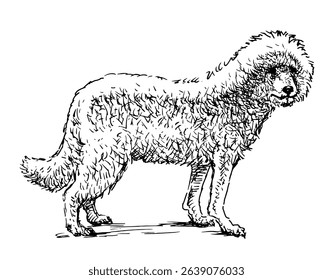 Sketch of one white cute poodle dog standing and looking, realistic outline hand drawn vector illustration