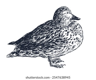 Sketch of one wild duck, profile view, realistic hand drawn vector illustration