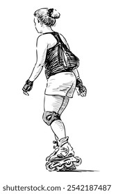 Sketch of one woman with backpack riding roller skates on summer day, realistic hand drawing, side view, vector illustration