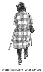 Sketch of one young city woman in plaid coat and hat walking outdoors, vector black and white hand drawing isolated on white