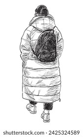 Sketch of one young townswoman in warm coat with backpack walking outdoors, vector black and white hand drawing isolated on white