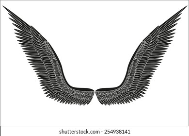 Sketch open black angel wings. Vector Illustration isolated on white background.