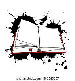 A sketch of an open book with blank pages on the background of the inkblot.