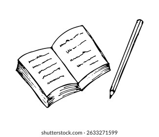Sketch of an open book and pencil, education icon hand-drawn clip art.